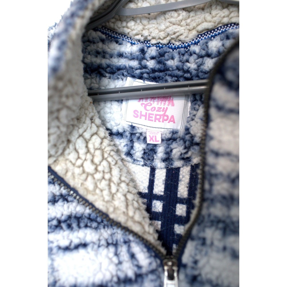 Cozy Sherpa Blue White Plaid Quarter Zip Fleece Pullover Sweater XL - Picture 4 of 5